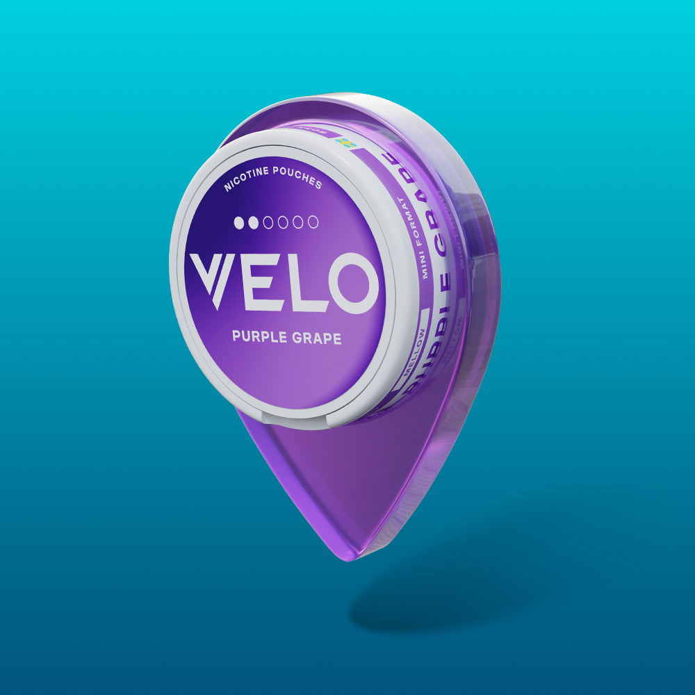 Velo Nicotine Pouches |  A container of VELO Purple Grape nicotine pouches floats above a purple teardrop shape on a blue gradient background.