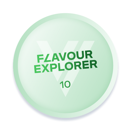 Velo Nicotine Pouches |  A round, light green badge with bold green text reading FLAVOUR EXPLORER over a large letter V in the background and the number 10 below, evoking the refreshing appeal of Velo nicotine pouches.