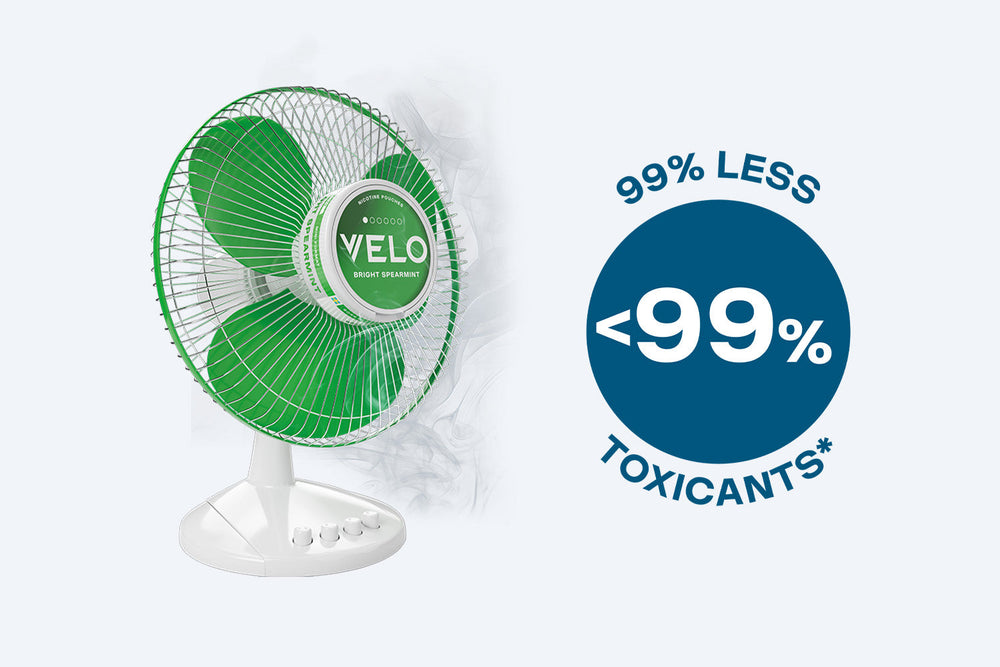 Velo Nicotine Pouches |  A green and white VELO-branded fan blows air next to a blue circle with text reading “99% LESS <99% TOXICANTS*,” highlighting the cleaner experience of Velo nicotine pouches. Some smoke is visible behind the fan.