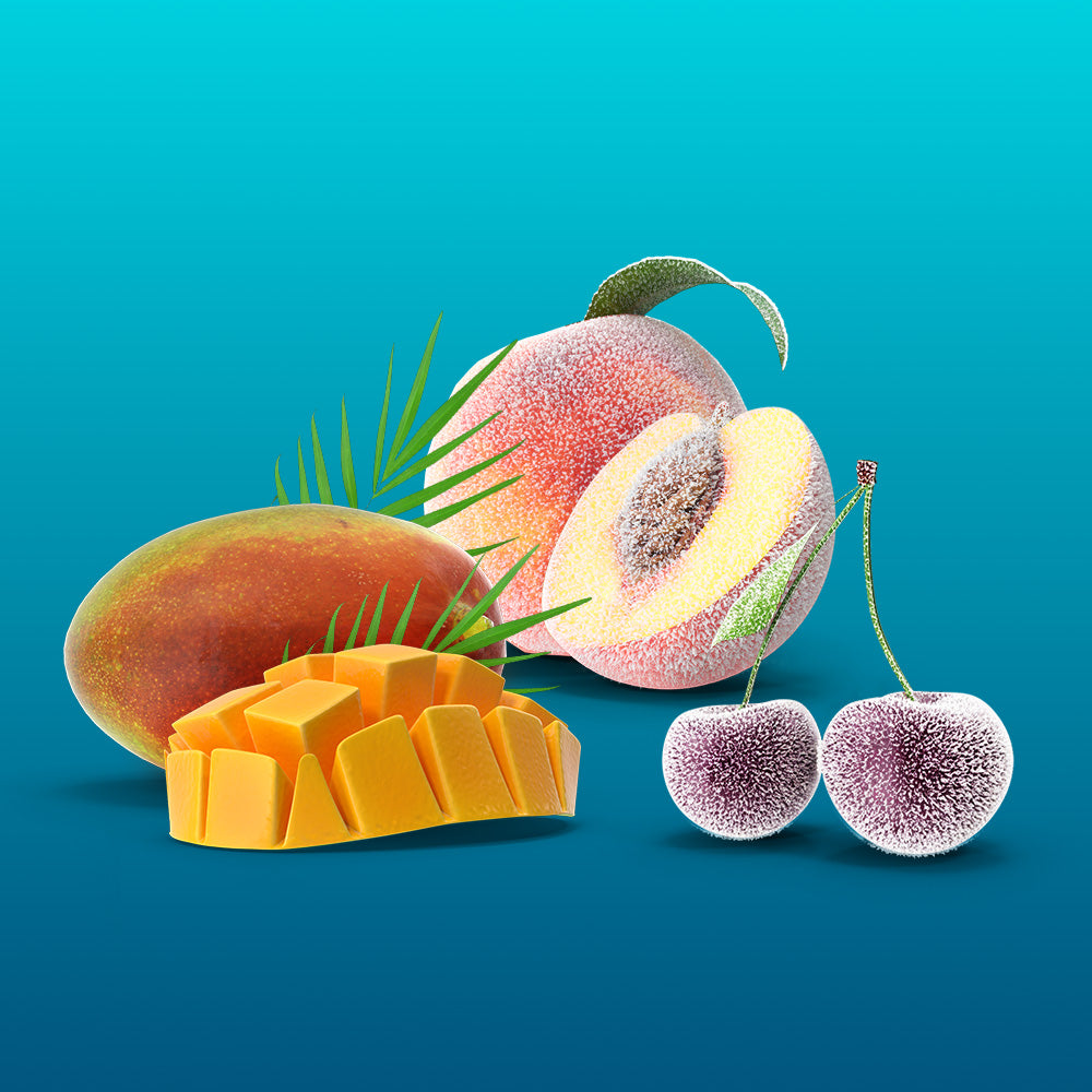 Velo Nicotine Pouches |  A sliced mango, a whole and halved peach, Velo pouches, and two cherries with frost, all arranged artistically on a blue gradient background with palm leaves.