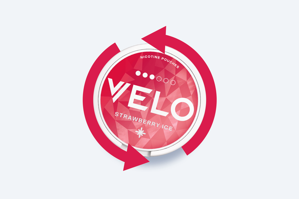 Velo Nicotine Pouches |  A round can of VELO Strawberry Ice nicotine pouches with a pink geometric pattern and bold text, surrounded by two large red arrows forming a circular motion, highlights the refreshing appeal of these Velo nicotine pouches.