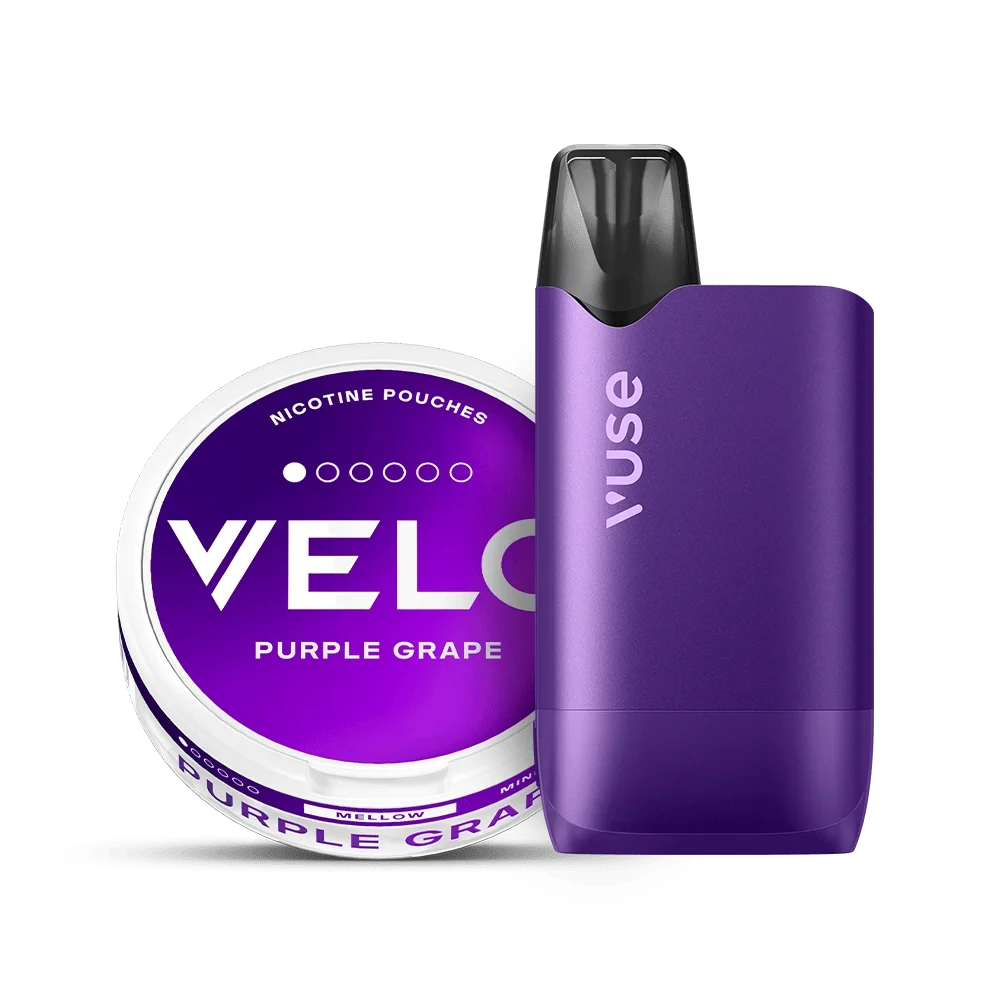Velo Nicotine Pouches |  A purple Velo nicotine pouch container labeled Purple Grape is shown next to a purple Vuse vape device, both on a white background, highlighting the convenience of enjoying nicotine with Velo pouches.