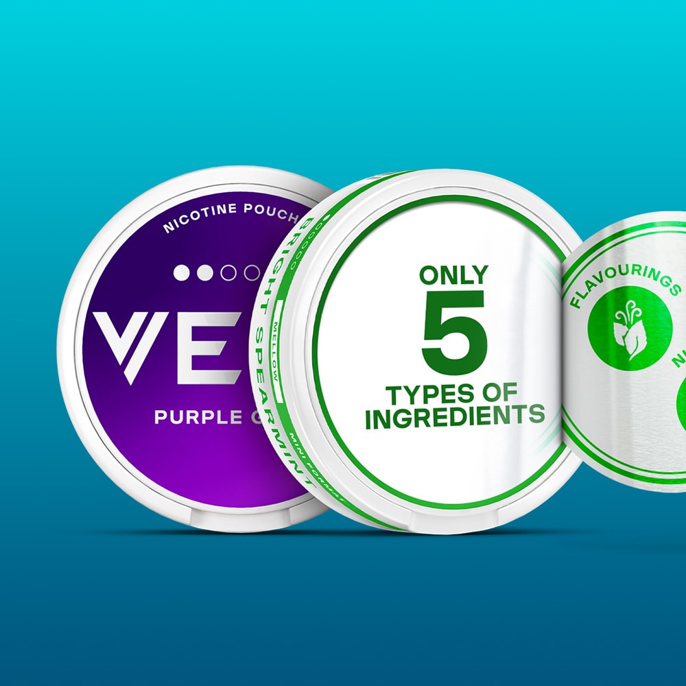 Velo Nicotine Pouches |  Three round product containers, including a purple one labeled Velo and two white with green text—one stating ONLY 5 TYPES OF INGREDIENTS—are arranged against a blue gradient background. These nicotine pouches offer a sleek and modern alternative for those seeking simplicity.