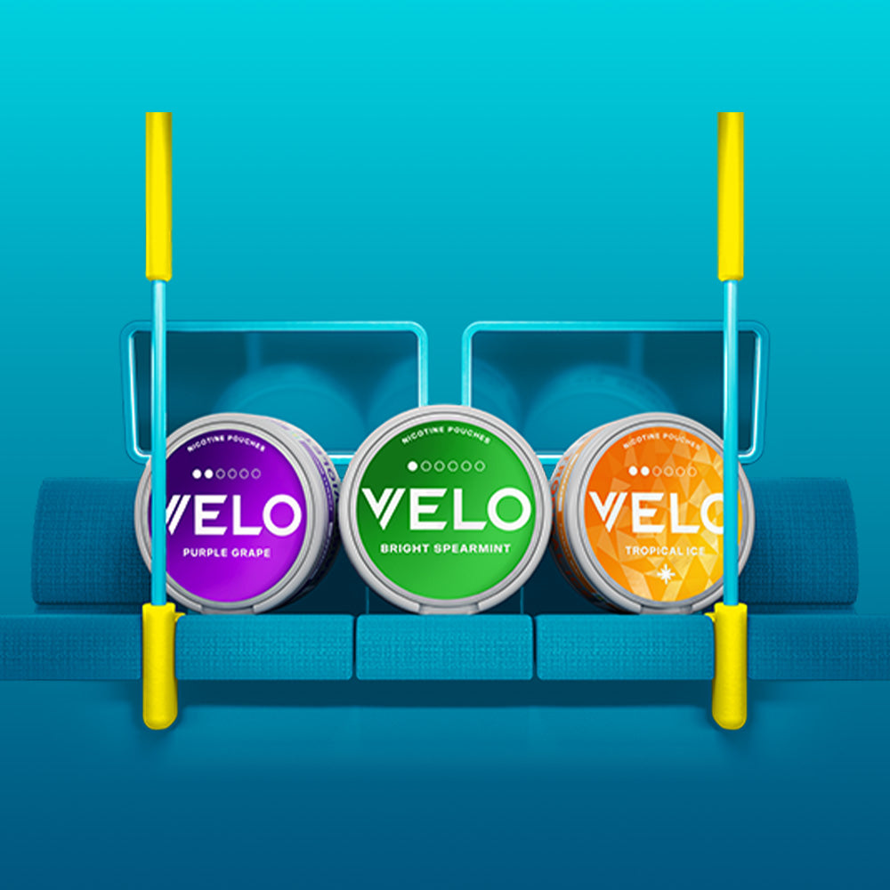 Velo Nicotine Pouches |  Three circular Velo nicotine pouches—Purple Grape, Bright Spearmint, and Tropical Ice—sit on a blue gym bench with yellow and blue dumbbells standing upright on each side. The neatly arranged pouches highlight the refreshing variety of Velo nicotine options for an active lifestyle.