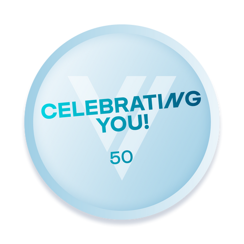 Velo Nicotine Pouches |  Light blue circular badge with a large “V” in the background, representing Velo. Text reads “CELEBRATING YOU!” with CELEBRATING in a blue gradient, and 50 at the bottom—perfect for fans of Velo nicotine pouches.