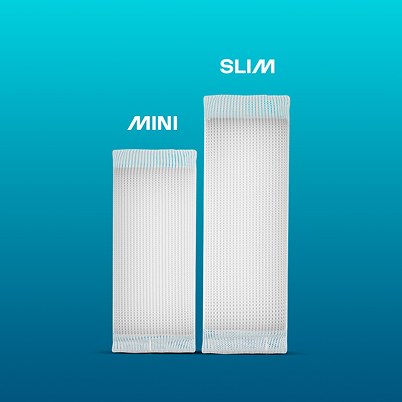 Velo Nicotine Pouches |  Two rectangular white packages of Velo stand upright on a blue gradient background. The left is labeled MINI and is shorter, while the right is labeled SLIM and is taller and narrower—both designed to hold nicotine pouches with a sleek, modern look.