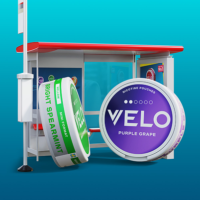 Velo Nicotine Pouches |  Two cans of VELO nicotine pouches, one labeled Bright Spearmint and the other Purple Grape, are displayed in front of a modern bus stop with a blue background, showcasing VELO’s innovative approach to convenient nicotine pouches.