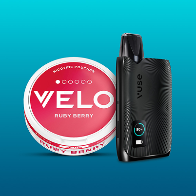 Velo Nicotine Pouches |  A round container labeled VELO Ruby Berry nicotine pouches sits next to a sleek black vaping device on a blue gradient background, highlighting the modern appeal of Velo nicotine products.
