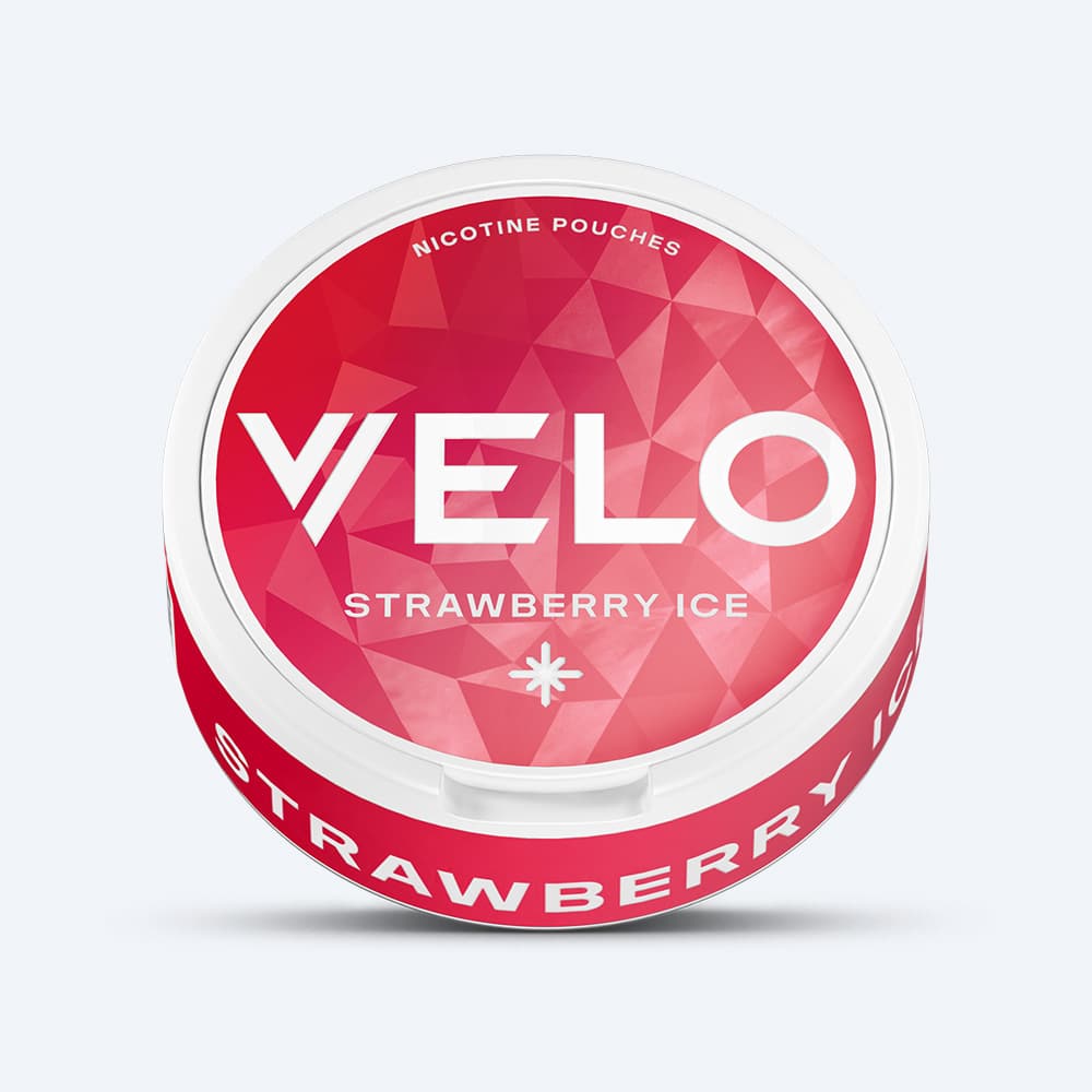 Velo Nicotine Pouches |  A round container of VELO Strawberry Ice features a fruity nicotine pouch variety, adorned with a red geometric design and bold white text on the lid.