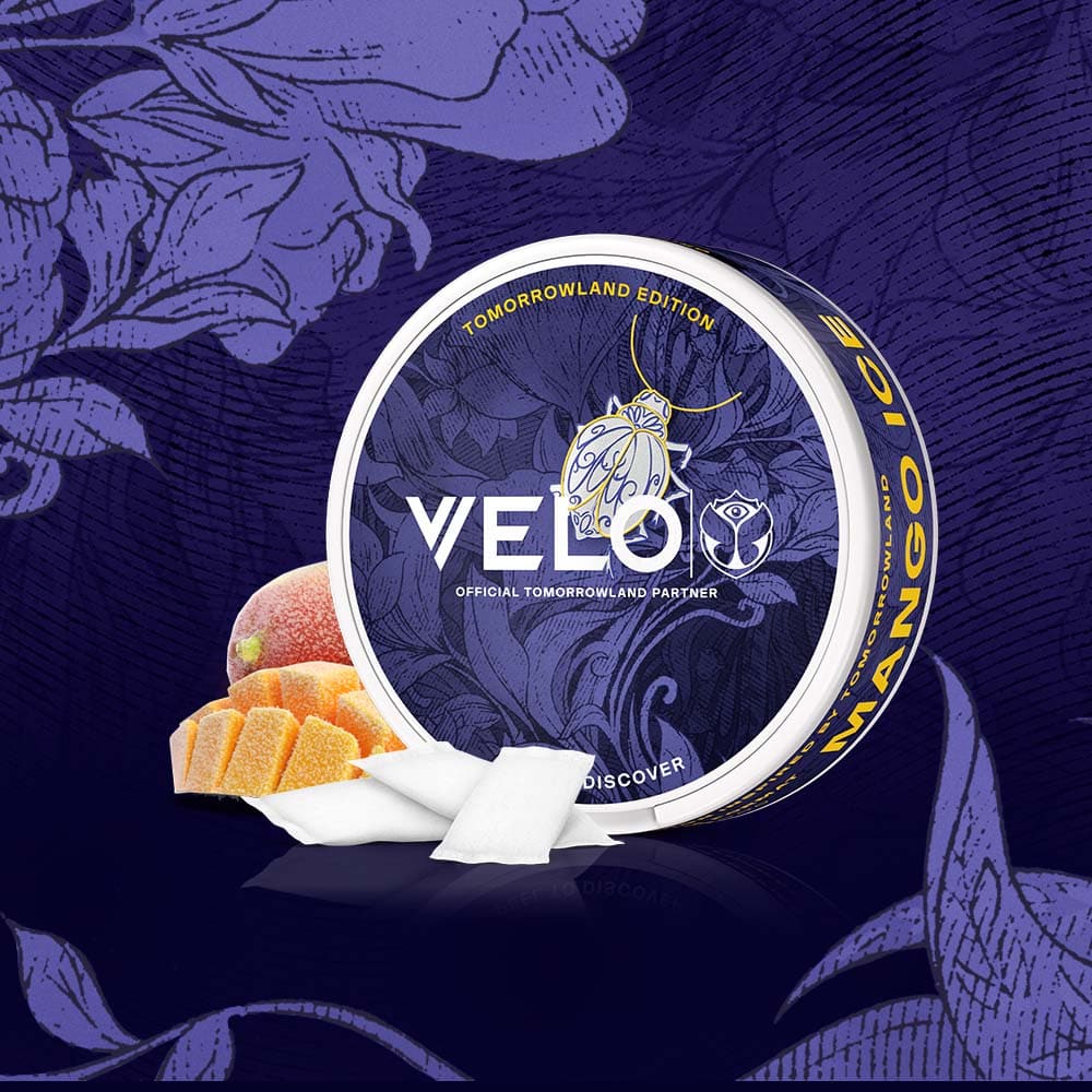 Velo Nicotine Pouches |  Round container of VELO Tomorrowland Limited Edition Mango Ice nicotine pouches with peach and mango cubes beside it, set against a purple floral background. The container features Tomorrowland Edition branding and highlights VELO as the Official Tomorrowland Partner.