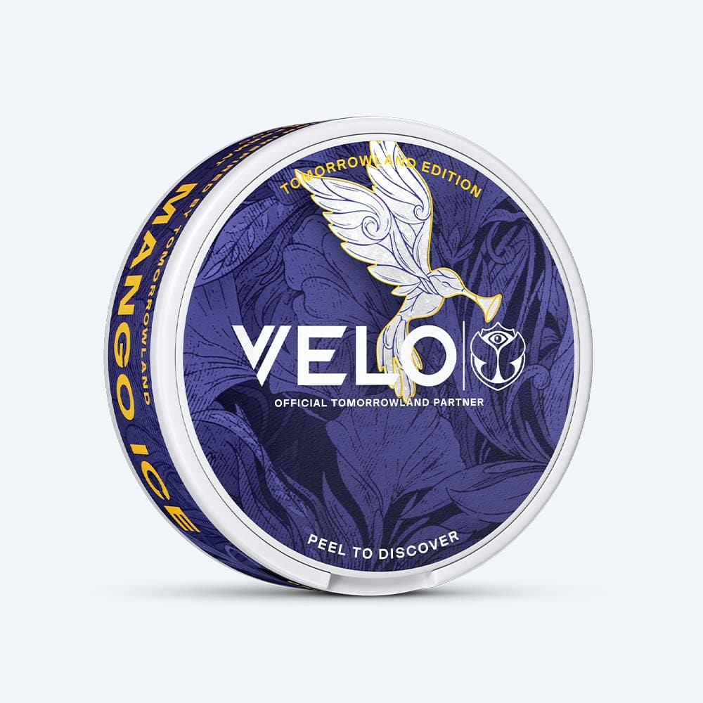 Velo Nicotine Pouches |  A round tin of VELO’s Tomorrowland Limited Edition Mango Ice nicotine pouches, featuring a white dove and floral design on a dark purple background. The lid and side display the VELO logo and product name.