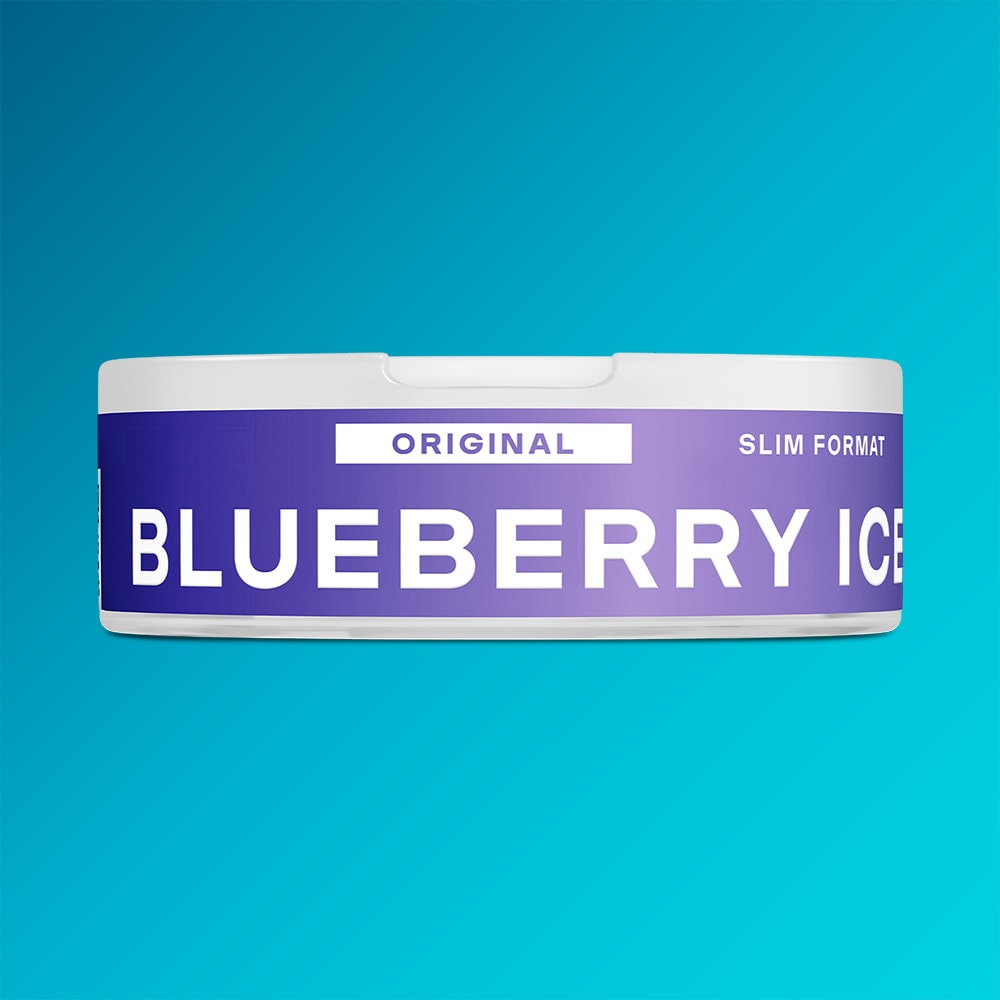 Velo Nicotine Pouches |  A round, white canister branded with VELO and a purple label displaying BLUEBERRY ICE SLIM FORMAT is set against a blue gradient background, evoking the fruity tartness of blueberry flavor and its refreshing cooling sensation.