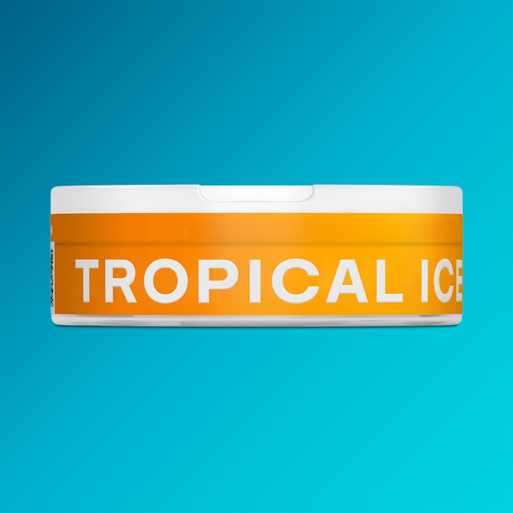 Velo Nicotine Pouches |  A round orange and white VELO container labeled "Tropical Ice" is displayed against a blue gradient background, evoking its refreshing fruit flavor and cooling sensation.