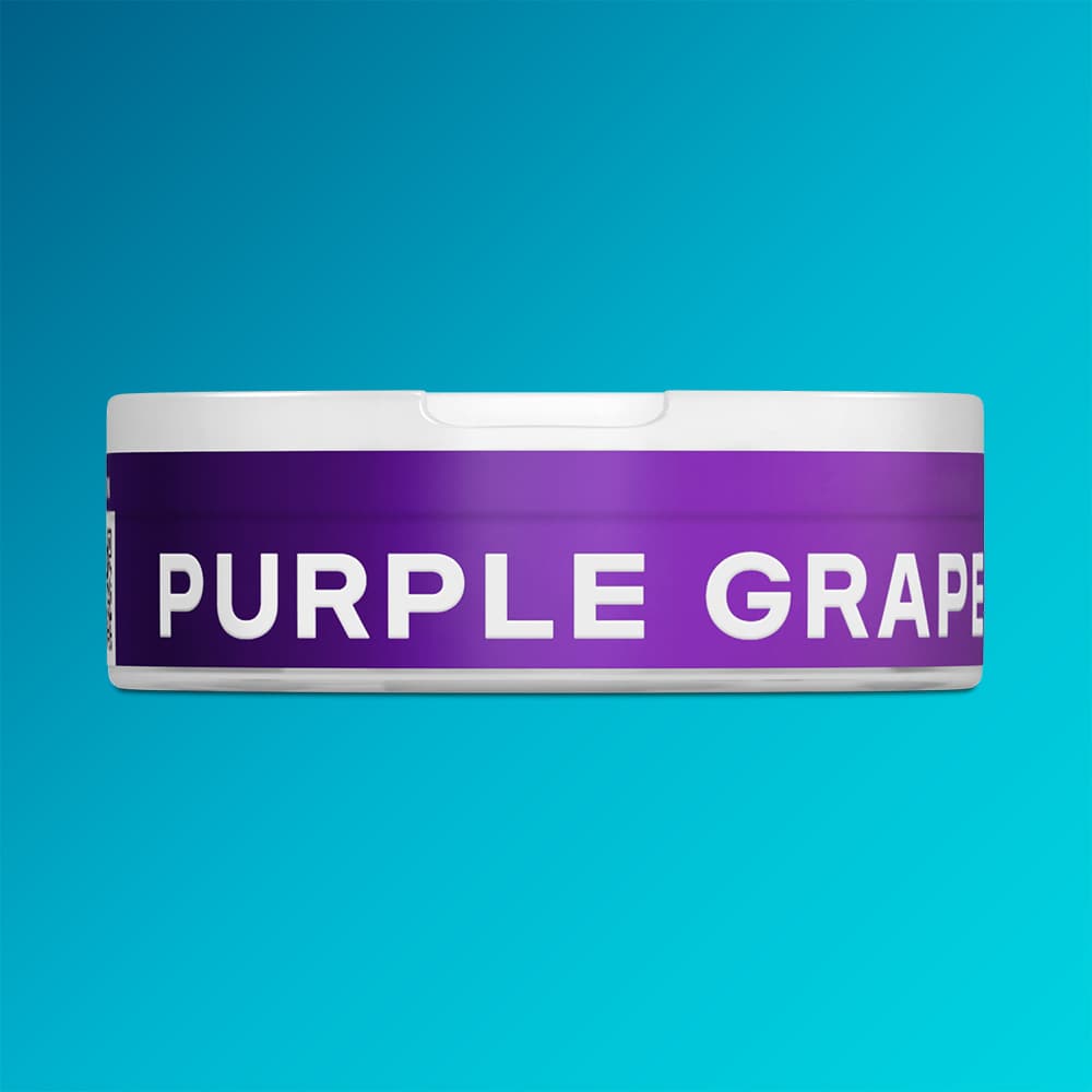 Velo Nicotine Pouches |  A round white VELO container with a purple label reading "Purple Grape" sits against a gradient blue background, evoking the sweet flavor of red grapes in every Purple Grape pouch.
