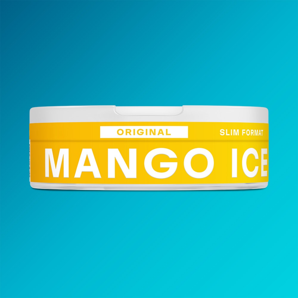 Velo Nicotine Pouches |  A round, white-and-yellow VELO Mango Ice container labeled "Original Slim Format" sits against a blue background, promising the tangy mango flavor and refreshing cooling sensation you crave.
