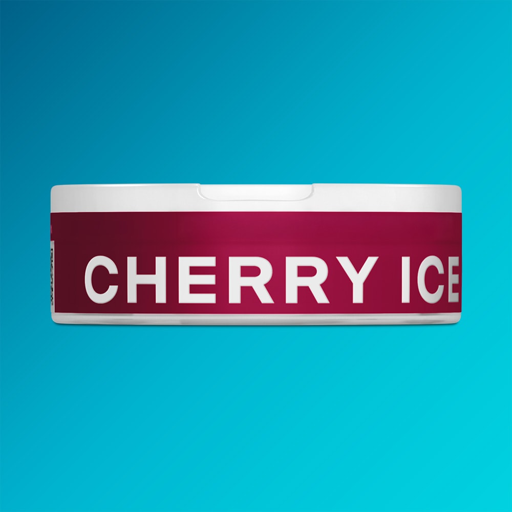Velo Nicotine Pouches |  A round, white container with a red band labeled VELO Cherry Ice in bold white letters sits against a blue gradient background, evoking the refreshing coolness and vibrant fruit flavor of VELO Cherry Ice inside.