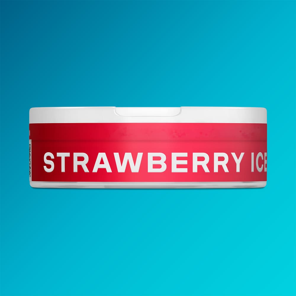 Velo Nicotine Pouches |  A round white container with a red label featuring the word "VELO" and "Strawberry Ice" in bold white letters, set against a blue gradient background—perfect for showcasing VELO’s fruity Strawberry Ice nicotine pouches with an irresistible berry twist.