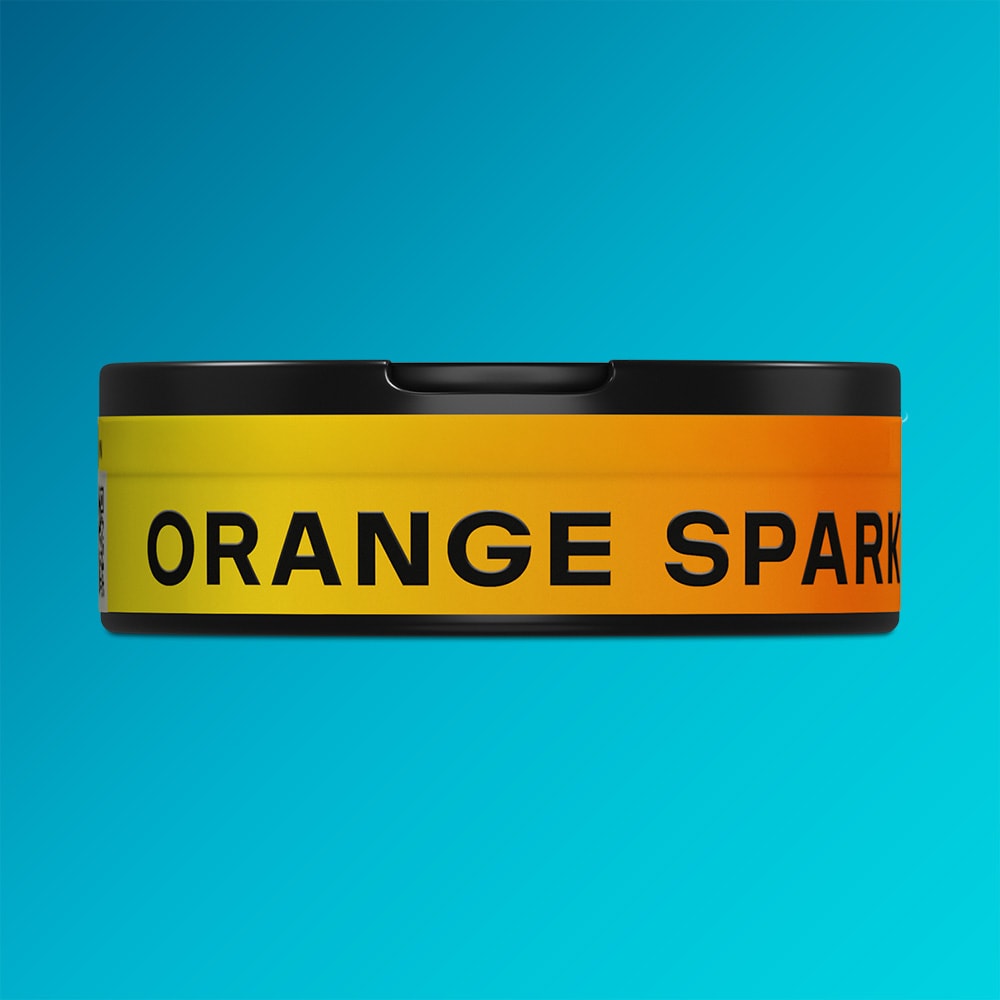 Velo Nicotine Pouches |  A round VELO container featuring a yellow-to-orange gradient label with "Orange Spark" boldly displayed against a blue background, offering an intense tingling sensation inspired by zesty, ripe oranges.