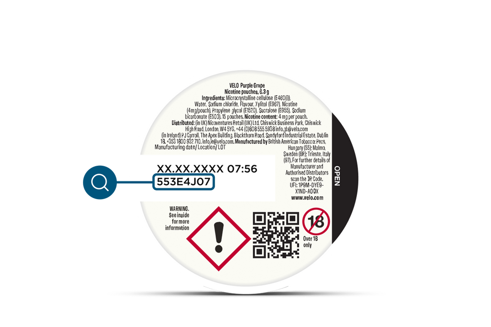 Velo Nicotine Pouches |  Round product label with small text, a QR code, a warning symbol, an 18+ icon, and a highlighted code 553E4J07. The label contains ingredients and safety information specific to Velo nicotine pouches.