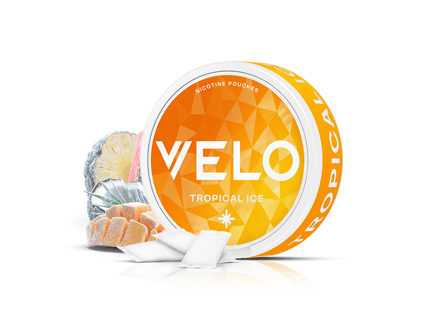 Velo Nicotine Pouches |  Round orange container labeled VELO Tropical Ice with white nicotine pouches in front. Pineapple and caramel pieces are in the background on a white surface, highlighting the flavorful experience of Velo nicotine pouches.