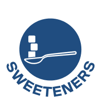 Velo Nicotine Pouches |  A blue circle with three sugar cubes above a spoon, and the word SWEETENERS curved below the image, subtly referencing Velo nicotine pouches.