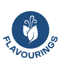 Velo Nicotine Pouches |  Blue circle logo with two white leaves and swirls above them, evoking the refreshing essence of Velo nicotine pouches. The word FLAVOURINGS is curved below the circle in uppercase blue letters.